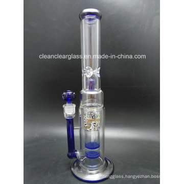 Wholesale 17" Glass Water Pipe Glass B with 2 Layer Honeycomb Perc and Colored Reversals Blue Joint